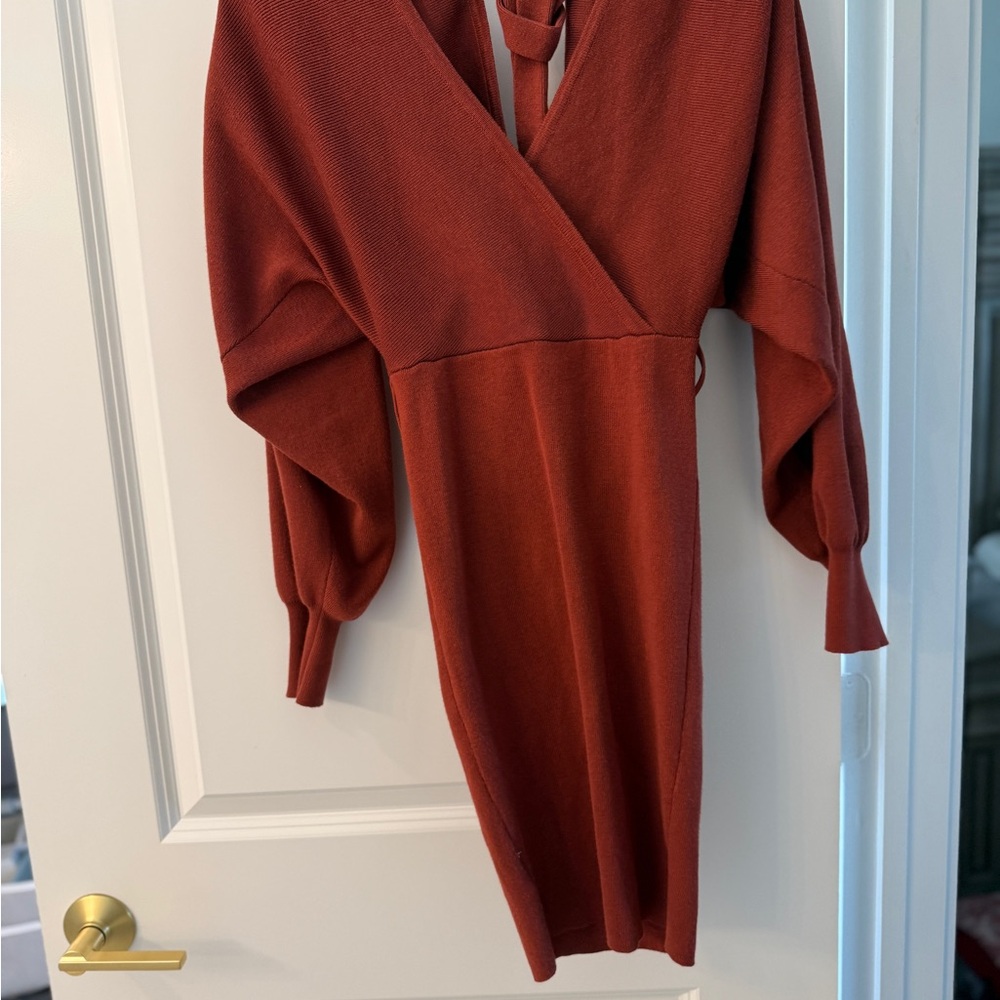 miami Rust Wrap Knit Midi Dress with Blouson Sleeves
